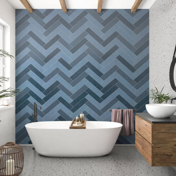 Premium Large Multi Blue Herringbone Tile 1.0m x 2.4m Shower Panel