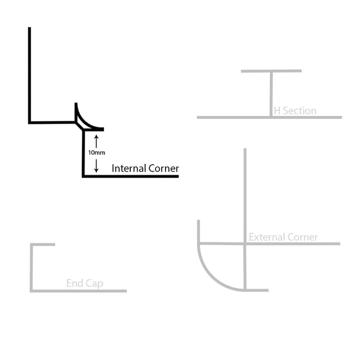 Technical diagram displaying profiles of skirting board accessories, including internal corner, external corner, H section, and end cap with measurements.