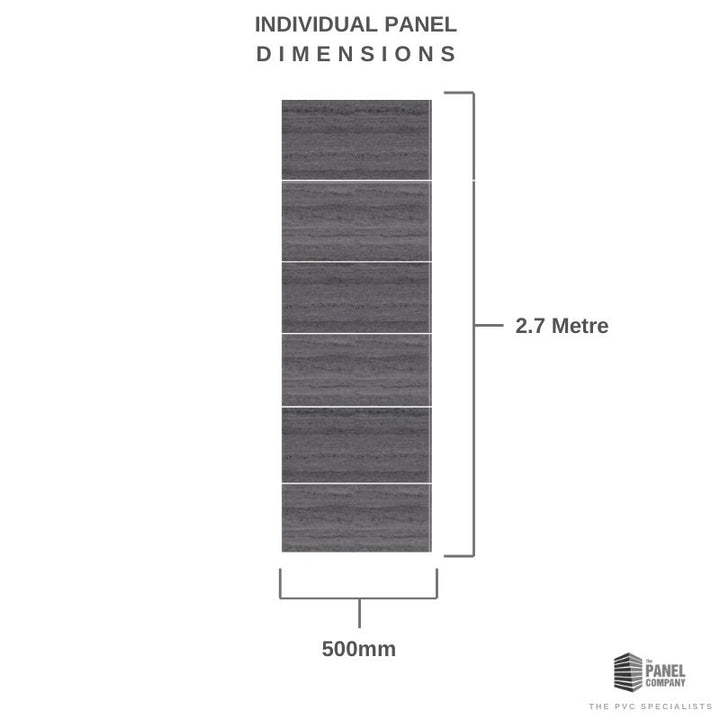 Individual PVC panel dimensions infographic showing a 500mm width by 2.7 metre height grey textured panel with measurements and branding for The Panel Company.