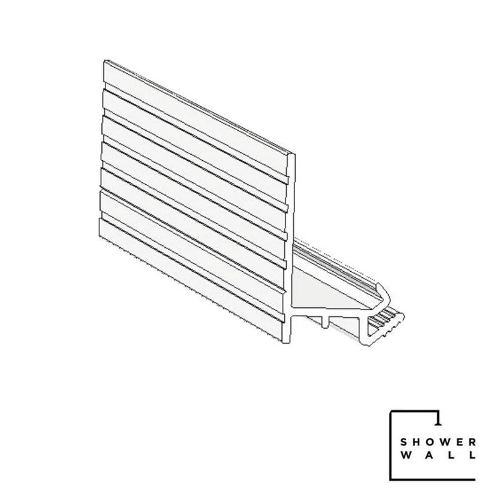 Technical drawing of a shower wall panel installation displaying labeled components and assembly for bathroom waterproofing systems