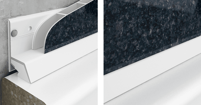 Side-by-side comparison of modern white gutter systems with and without a leaf guard mesh cover installed against a concrete wall background.