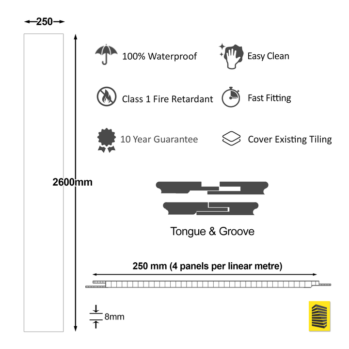 Wall panel specifications diagram featuring 100% waterproof, easy clean, class 1 fire retardant, fast fitting, 10 year guarantee, cover existing tiling, 2600mm height, 250mm width, tongue and groove system, with 4 panels per linear meter and 8mm thickness.