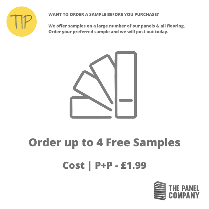 Graphic promoting The Panel Company's offer to order up to 4 free samples of panels and flooring, with a cost of P+P £1.99, featuring iconography of multiple sample swatches and company logo.