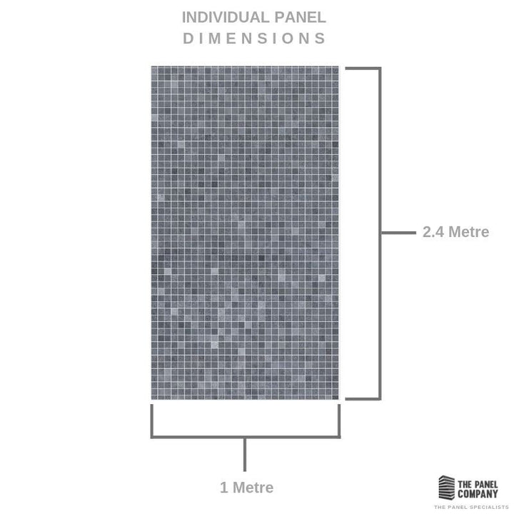 Individual panel dimensions infographic showing a 1 metre by 2.4 metre grid panel, construction diagram, measurement visual guide, architectural panel design from The Panel Company.