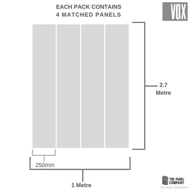 Illustration of four matched panels from VOX with dimensions 1 metre by 2.7 metres, panel thickness 250mm, indicating product packaging details.