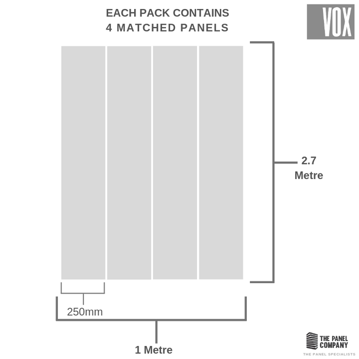 Illustration of a pack of four matched panels by Vox, dimensions displayed as 250mm by 1 metre and height of 2.7 metres, indicating product specifications for wall paneling or cladding materials.